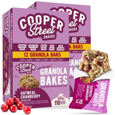 Cooper Street Oatmeal Cranberry Granola Bakes (24 pack) - Individually Wrapped Soft and Chewy Breakfast Granola Bars - Nut, Dairy & Soy Free - Great As Kids Snacks For School, Hiking Or Lunchbreak