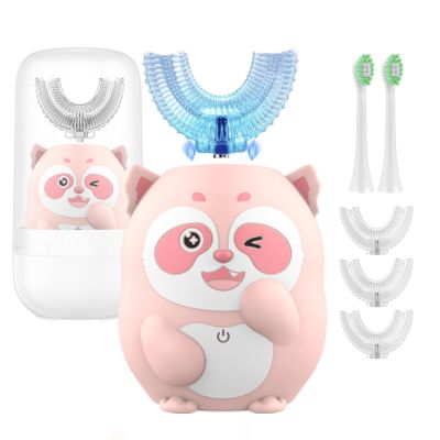 Geacker Kids Electric Toothbrush, U Shaped Toothbrush Kids Sonic Automatic Brush with 5 Brush Head 6 Sonic Clean Modes IPX7 Waterproof Raccoon Design Rechargeable Smart Timer for Children 2-7