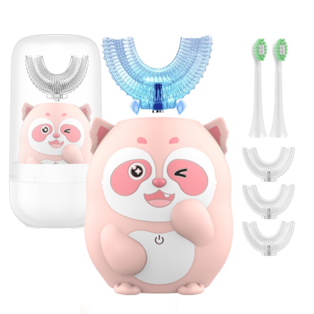 Geacker Kids Electric Toothbrush, U Shaped Toothbrush Kids Sonic Automatic Brush with 5 Brush Head 6 Sonic Clean Modes IPX7 Waterproof Raccoon Design Rechargeable Smart Timer for Children 2-7