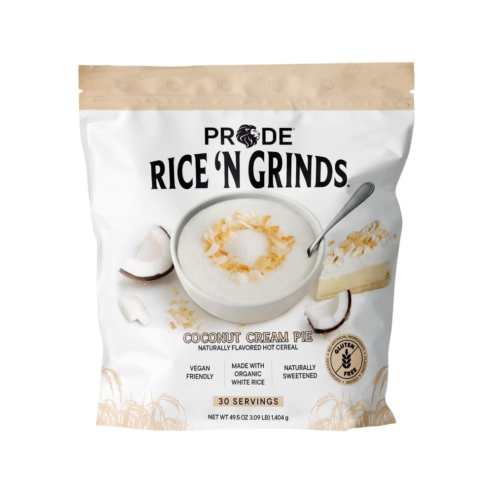 Pride Foods Rice 'N Grinds Hot Cereal - Gluten-Free, Non-GMO, Vegan-Friendly, Natural Rice Breakfast, Quick & Easy Hot Meal, Low-Fat Comfort Food, 30 Servings, Coconut Cream Pie