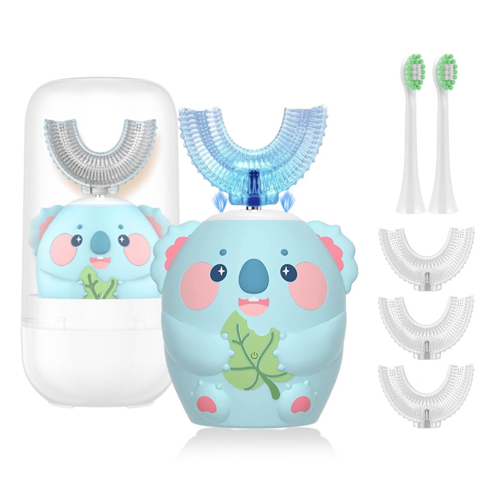 Geacker Kids Electric Toothbrush, U Shaped Toothbrush Kids Sonic Automatic Brush with 5 Brush Heads 6 Cleaning Modes IPX7 Waterproof Rechargeable Smart Timer for Children (Ages 8-14, Koala Cyan)