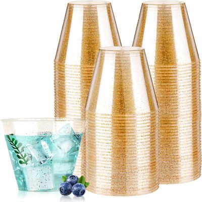 Goodluck 9 oz 100 PCS Gold Glitter Plastic Cups, Disposable Glitter Cups, Elegant Plastic Cocktail Glasses, Fancy Party Cups for Wedding, Birthday, Holiday