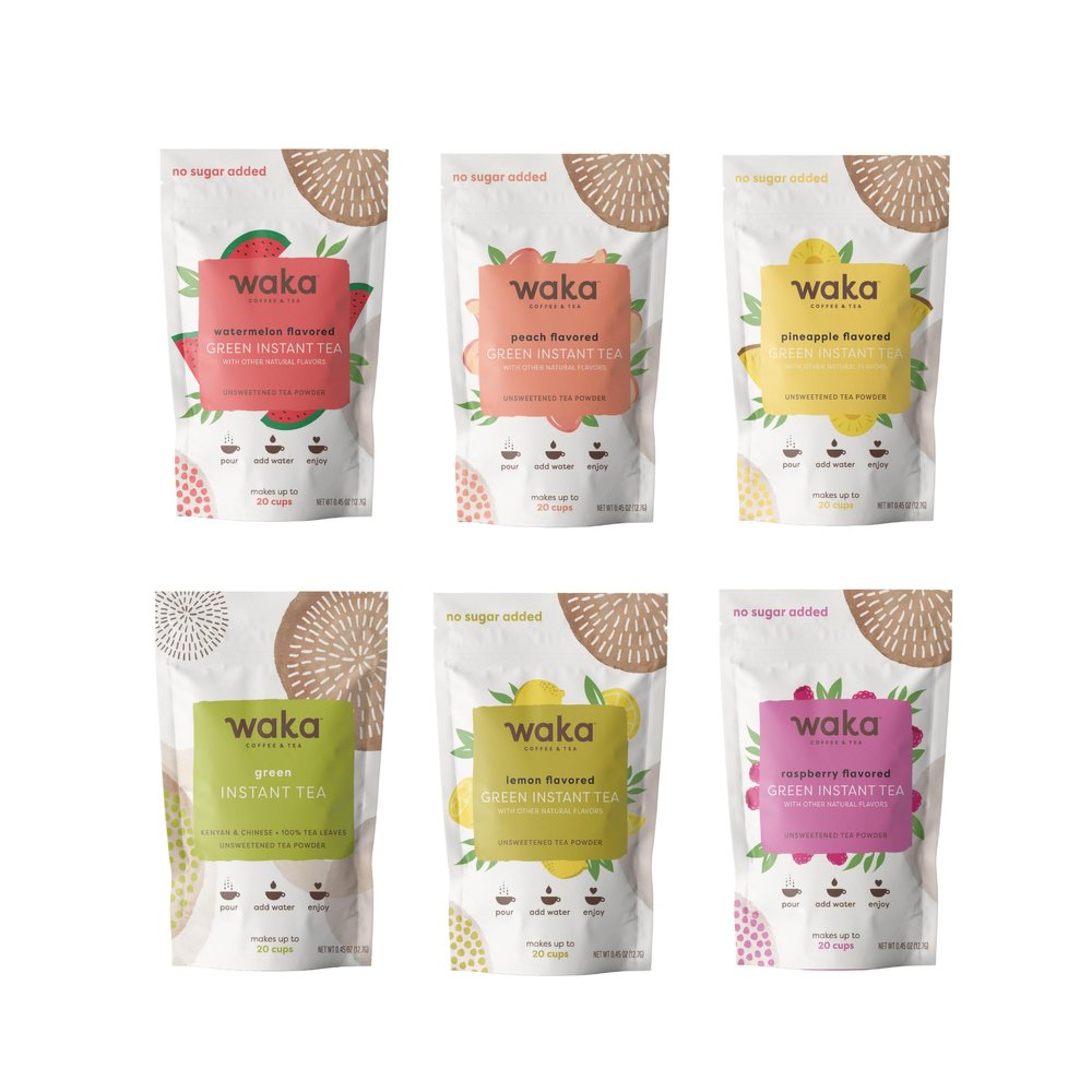 Waka Instant Tea  Concentrated Green Tea Powder Sample Bundle  No Sugar Added & Unsweetened  100% Tea Leaves  6 X 0.45 oz Sample Packs For Hot or Iced Tea