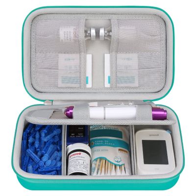 Elonbo Diabetic Supplies Travel Case, Glucose Meter Portable Storage Bag, Diabetic Care Kits Organizer Holder, Diabetic Supply Carrying Case for Glucose Meter Insulin Pen Blood Sugar Test Strips,Green