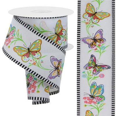 Craig Bachman 2.5" Butterfly Branch Stripe Ribbon: White (10 Yards) Craft Floral Arrangement Gift Wrapping Wired Edge Ribbon
