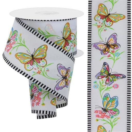 Craig Bachman 2.5" Butterfly Branch Stripe Ribbon: White (10 Yards) Craft Floral Arrangement Gift Wrapping Wired Edge Ribbon