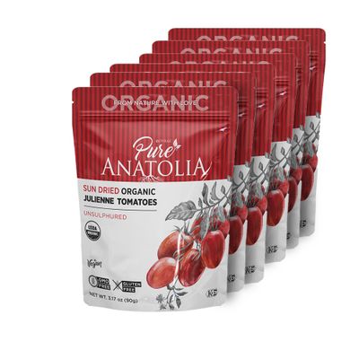 Pure Anatolia Organic Sun Dried Tomatoes Julienne Cut - Sundried Tomato, No Sugar Added, USDA Certified, No Preservatives, Kosher & Halal, Pack of 6
