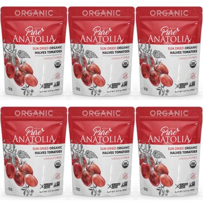 Sun Dried Organic Tomatoes Halves Cut by Pure Anatolia, Resealable Portion Control Packs, Non-GMO, Gluten-Free, Vegan, Unsulfured, Nutrient-Rich, No Preservatives, Pack of 6