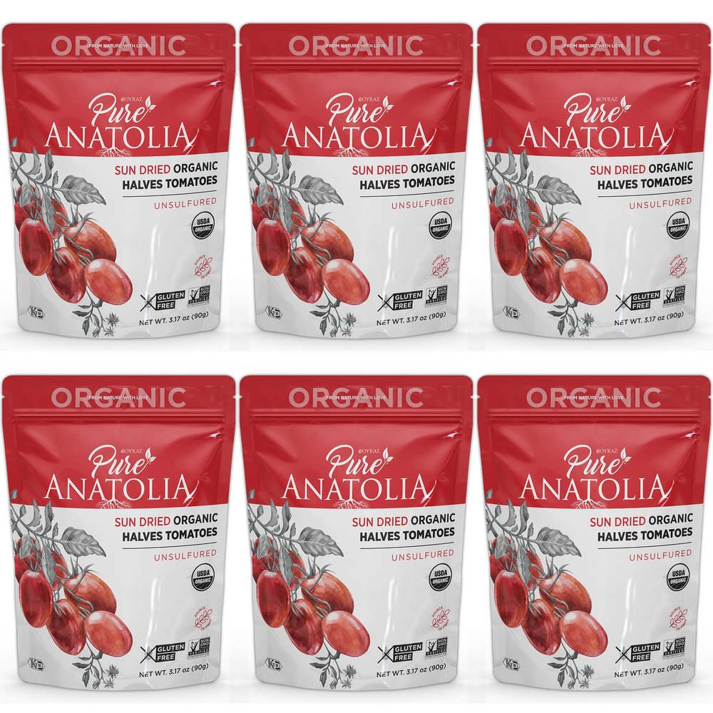 Sun Dried Organic Tomatoes Halves Cut by Pure Anatolia, Resealable Portion Control Packs, Non-GMO, Gluten-Free, Vegan, Unsulfured, Nutrient-Rich, No Preservatives, Pack of 6