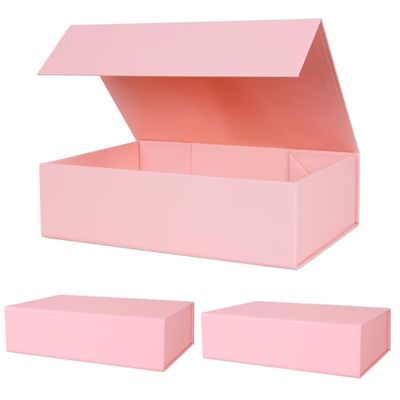 Aimyoo Pink Collapsible Gift Box with Magnetic Closure Lids 10.5x7x3 in, Bridesmaid Groomsman Proposal Boxes, Rectangle Storage Box 3 Pack
