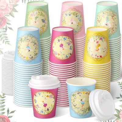 Karenhi 36 Pack 9 oz Floral Paper Cups Bridal Shower Vintage Tea Cup Wedding Disposable Coffee Mugs with Lids for Women Girls Tea Party Decorations Baby Shower(Fresh)