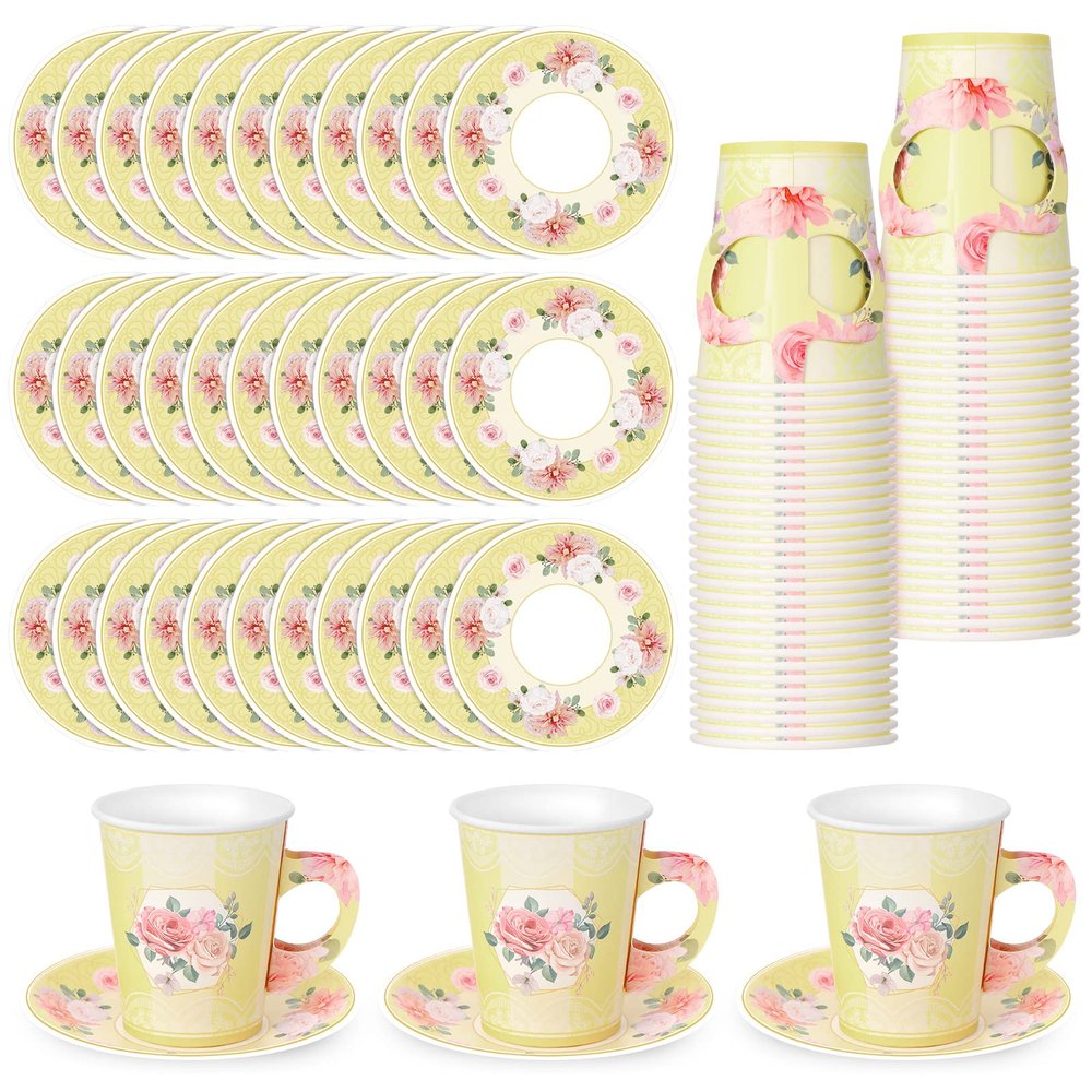 Zopeal 100 Pcs Disposable Tea Party Decorations 9 oz Floral Paper Cup with Handle and Saucer Set for Mother Day Wedding Birthday Spring Princess Blossom Party Baby Shower Supplies(Light Yellow)