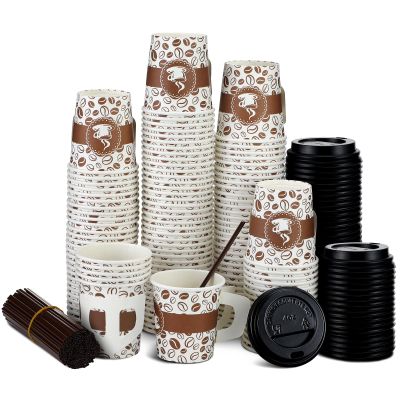 Tessco 200 Set 4 oz Disposable Espresso Cups Bulk with Lids Wide Handles Straws Printed Paper Disposable Coffee Cups for Hot Chocolate,Tea,Cocoa