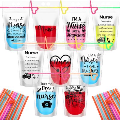 24 Pcs Nurse Week Gifts Bulk Drink Pouches with Straws Cna Gifts Nurse Graduation Party Favors Stand up Smoothie Drink Bags Disposable Reusable 17 oz Juice Pouches for Drinking Nursing Student