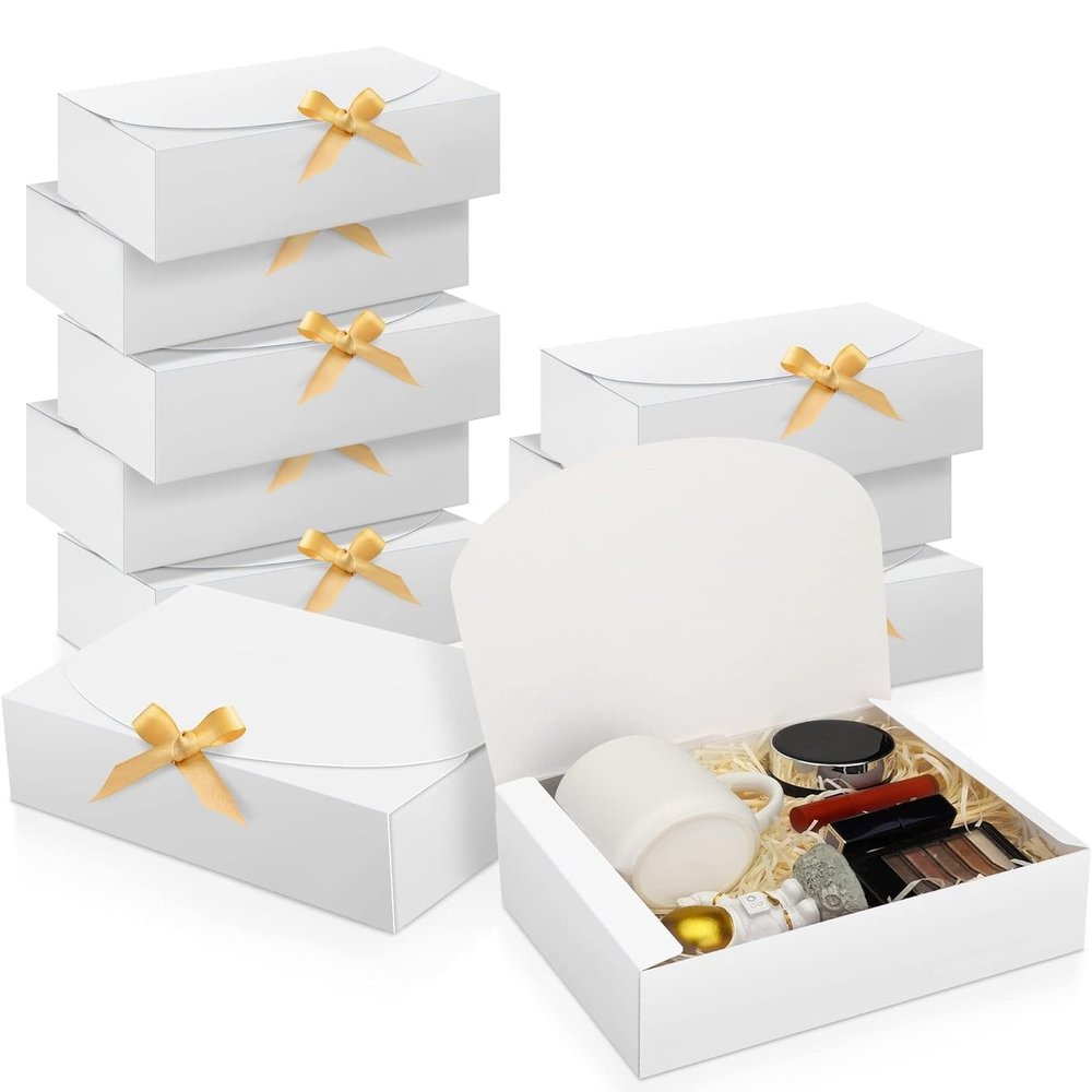 SWANGSA 11 Set Gift Boxes with Lids, 10.6''x8''x3'' White Kraft Paper Gift Box, Bridesmaid Proposal Box with Ribbon and 60pcs Adhesive Dots, for Wedding, Packaging, Present, Birthday, Cupcake Boxes