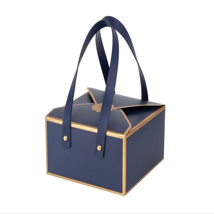Hammont Gift Boxes - 4 Pack of Gift Boxes with Faux Leather Handles - Cookie Boxes - Versatile Gift Boxes for Presents - Elegant Box for Cakes Candy | Jewelry | Chocolates (6"x6"x3" (Blue))