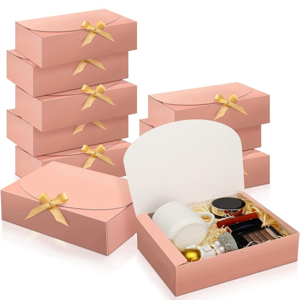 SWANGSA 11 Set Gift Boxes with Lids, 10.6''x8''x3'' Pink Kraft Paper Boxes For Presents, Bridesmaid Proposal Box with Ribbon and 60pcs Adhesive Dots for Wedding, Birthday, Cupcake