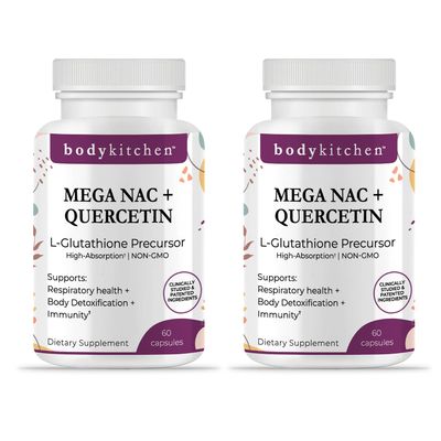 Body Kitchen Mega NAC (N-Acetyl Cysteine) 600 mg with Quercetin, Supports Respiratory Health and Immune Function and Promotes Liver and Kidney Detox, Veggie Caps, (Pack of 2)