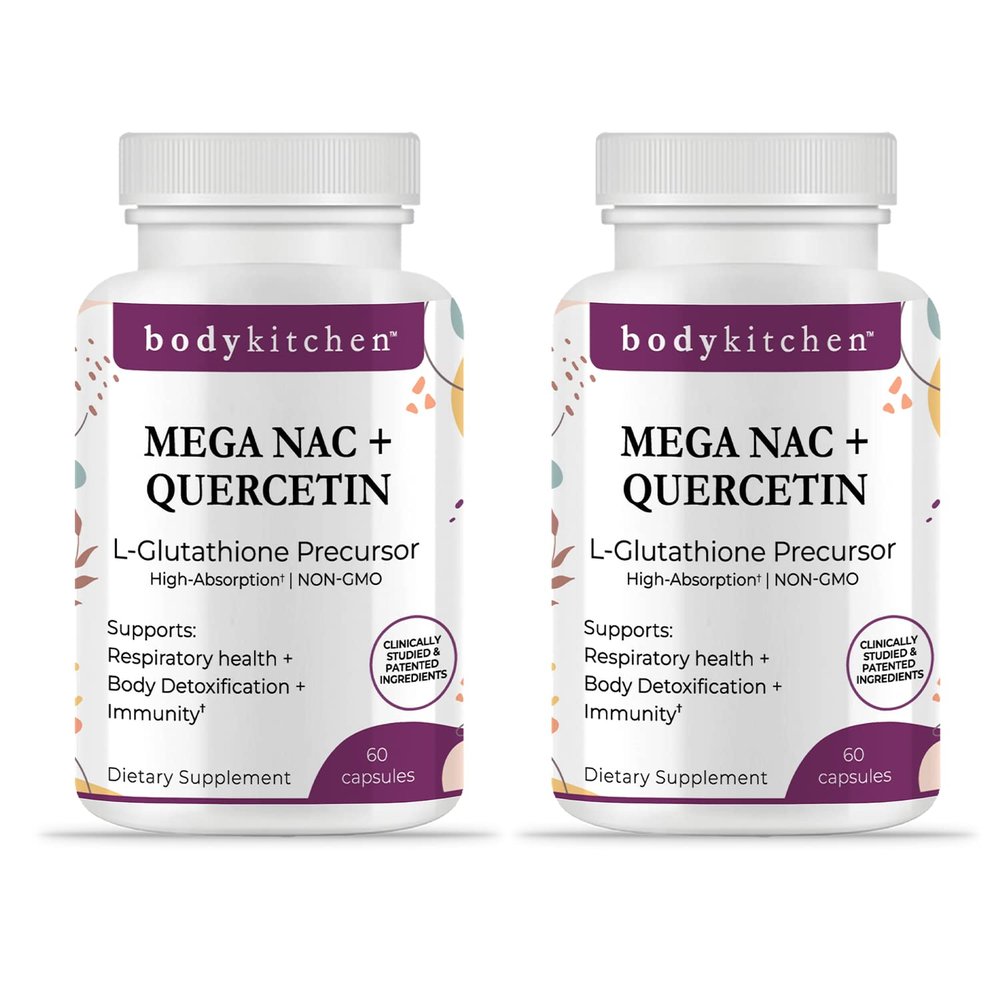 Body Kitchen Mega NAC (N-Acetyl Cysteine) 600 mg with Quercetin, Supports Respiratory Health and Immune Function and Promotes Liver and Kidney Detox, Veggie Caps, (Pack of 2)