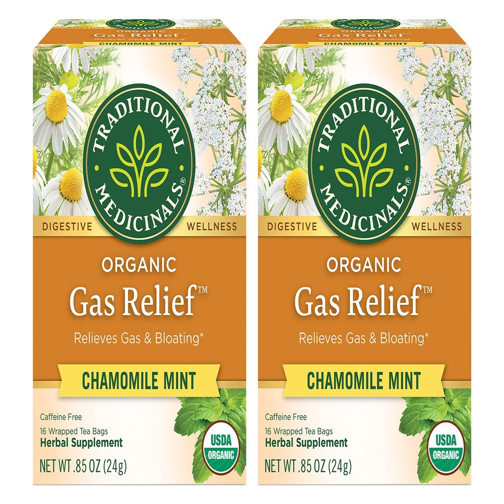 Traditional Medicinals Organic Gas Relief Chamomile Mint Herbal Tea, Relieves Gas & Bloating, 16 Count (Pack of 2) - 32 Tea Bags Total