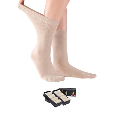 ELYFER Beige Diabetic Crew Socks for Women (8 Pairs) Soft Thin Rayon, Wide, Loose Fit, Seamless Toe, Non-Binding, Circulatory, Compression, Moisture-Wicking Cushion Dress Socks Size (5-8.5)