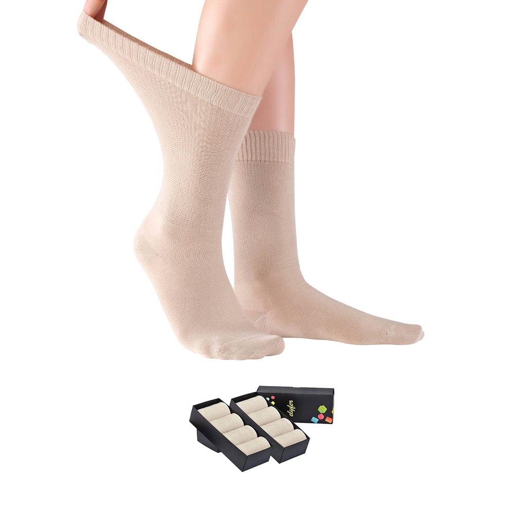 ELYFER Beige Diabetic Crew Socks for Women (8 Pairs) Soft Thin Rayon, Wide, Loose Fit, Seamless Toe, Non-Binding, Circulatory, Compression, Moisture-Wicking Cushion Dress Socks Size (5-8.5)