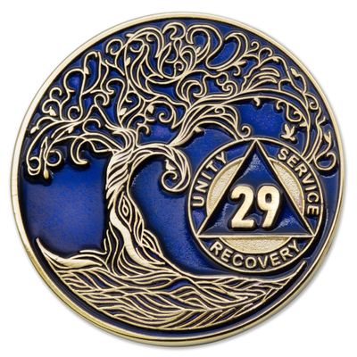 1 to 50 Year Twisted Tree of Life Sobriety Coin - Gold Plated AA Chips & Medallions - 29 Year Sobriety Coin - Translucent Blue