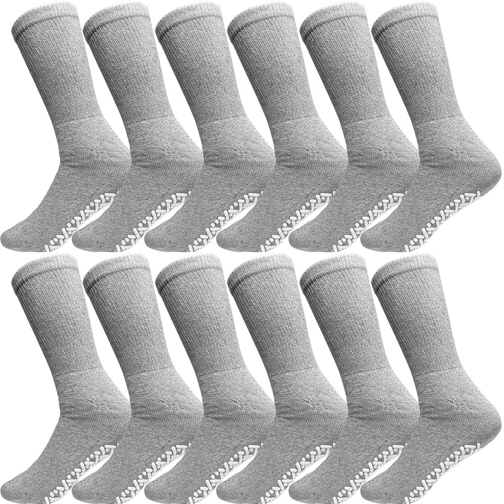 AMU Solutions 6 Pairs Non-Binding Loose Fit Crew Sock - Non-Slip Diabetic Socks for Men and Women (13-15, Gray)