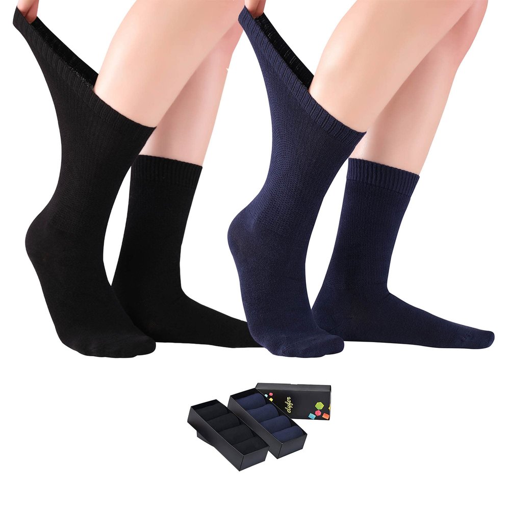 ELYFER Black-Navy Diabetic Crew Socks for Women (8 Pairs) Soft Thin Rayon, Wide, Loose Fit, Seamless Toe, Non-Binding, Circulatory, Compression, Moisture-Wicking Cushion Dress Socks Size 5-8.5
