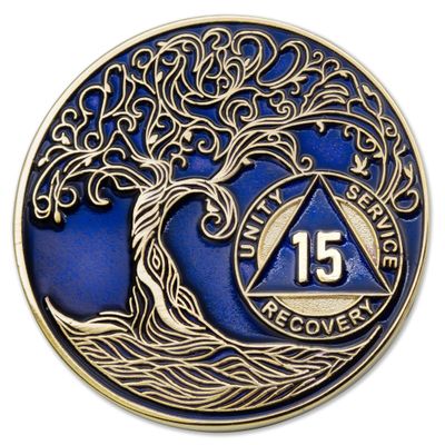 1 to 50 Year Twisted Tree of Life Sobriety Coin - Gold Plated AA Chips & Medallions - 15 Year Sobriety Coin - Translucent Blue