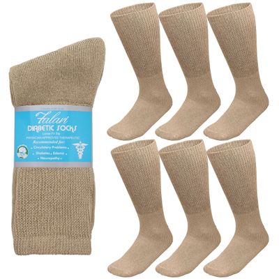 Falari 6-Pack Physicians Approved Diabetic Crew Socks Loose Fit Top Help Blood Circulation (13-15, Khaki)
