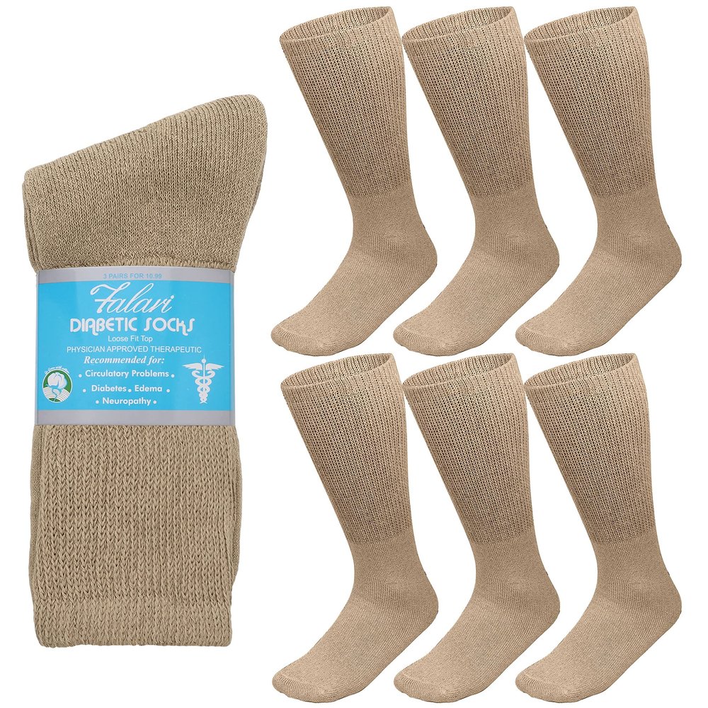 Falari 6-Pack Physicians Approved Diabetic Crew Socks Loose Fit Top Help Blood Circulation (13-15, Khaki)