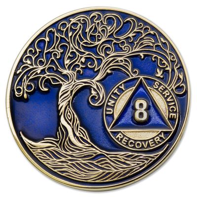 1 to 50 Year Twisted Tree of Life Sobriety Coin - Gold Plated AA Chips & Medallions - 8 Year Sobriety Coin - Translucent Blue