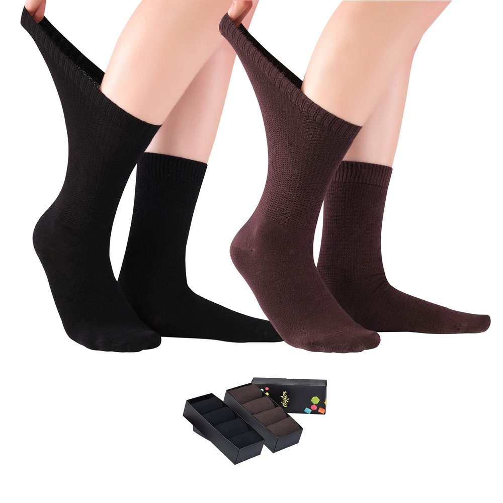 ELYFER Black-Brown Diabetic Crew Socks for Women (8 Pairs) Soft Thin Bamboo Rayon, Wide, Loose Fit, Seamless Toe, Non-Binding, Circulatory, Compression, Moisture-Wicking Cushion Dress Socks Size 9-12