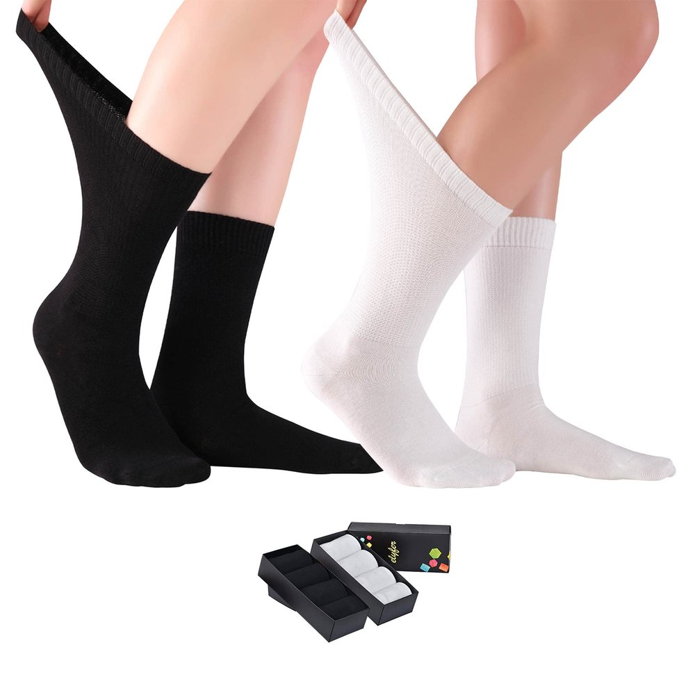 ELYFER Black-White Diabetic Crew Socks for Women (8 Pairs) Soft Thin Bamboo Rayon, Wide, Loose Fit, Seamless Toe, Non-Binding, Circulatory, Compression, Moisture-Wicking Cushion Dress Socks Size 9-12