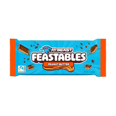 Feastables MrBeast Peanut Butter Milk Chocolate Chocolate Bar, King Size Candy Bar for Adults & Kids, Candy Bars for Snacks, Gifts, & Dessert, Sweet & Creamy Fairtrade Cocoa, 2.1 Oz Each, 10 Count