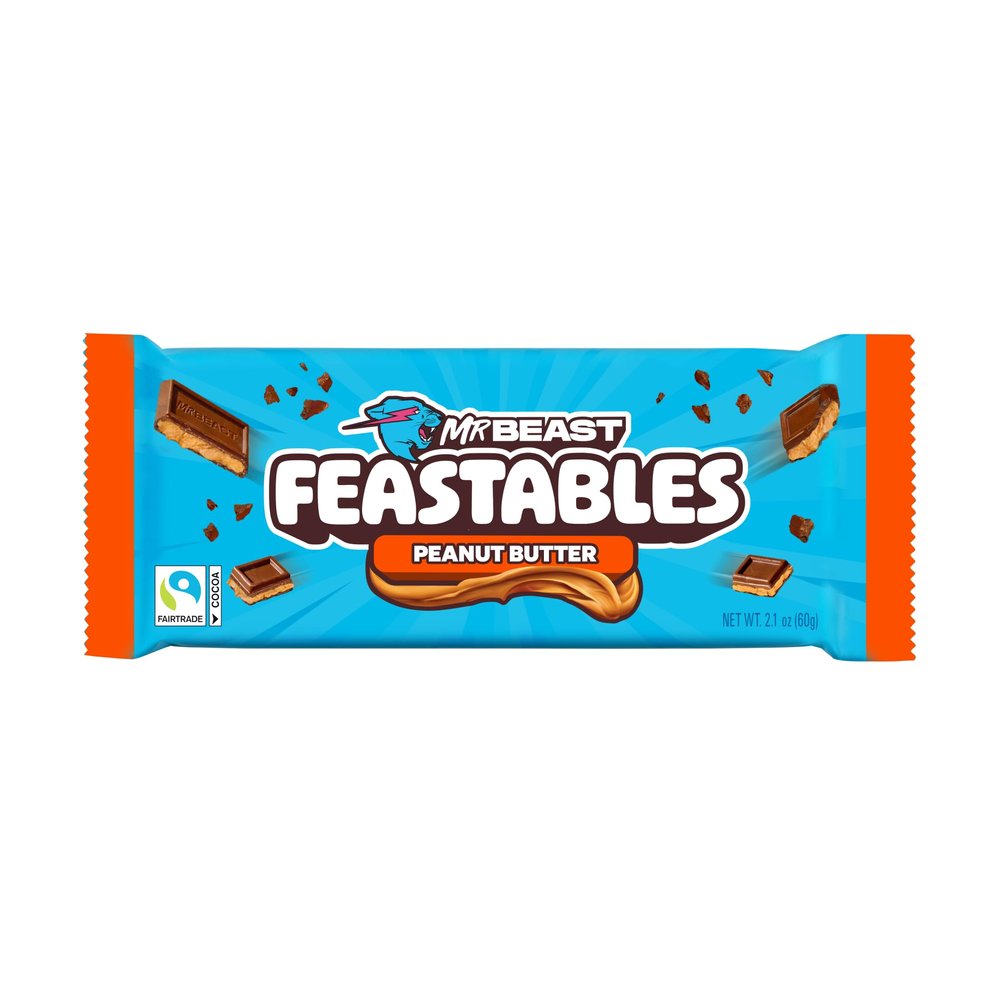 Feastables MrBeast Peanut Butter Milk Chocolate Chocolate Bar, King Size Candy Bar for Adults & Kids, Candy Bars for Snacks, Gifts, & Dessert, Sweet & Creamy Fairtrade Cocoa, 2.1 Oz Each, 10 Count