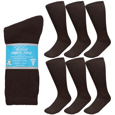 Falari 6-Pack Physicians Approved Diabetic Crew Socks Loose Fit Top Help Blood Circulation (9-11, Brown)