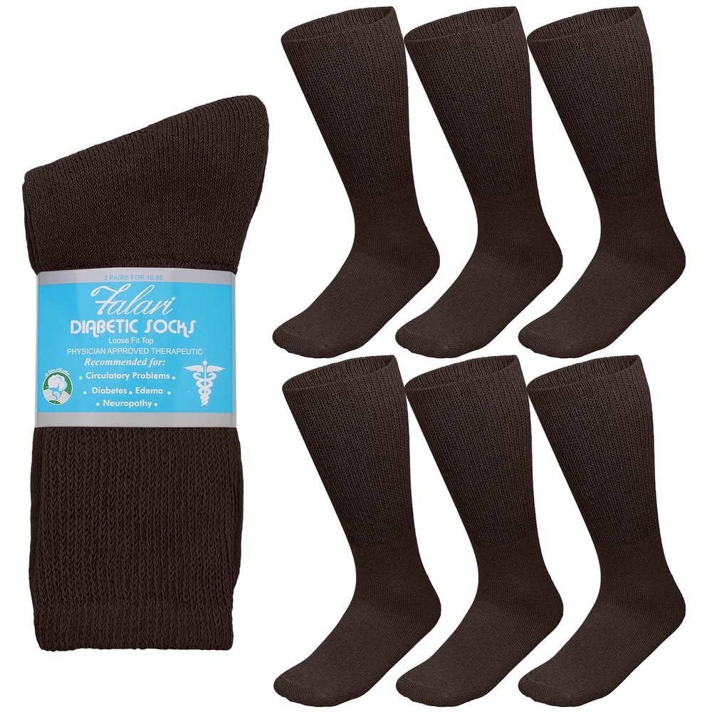 Falari 6-Pack Physicians Approved Diabetic Crew Socks Loose Fit Top Help Blood Circulation (9-11, Brown)