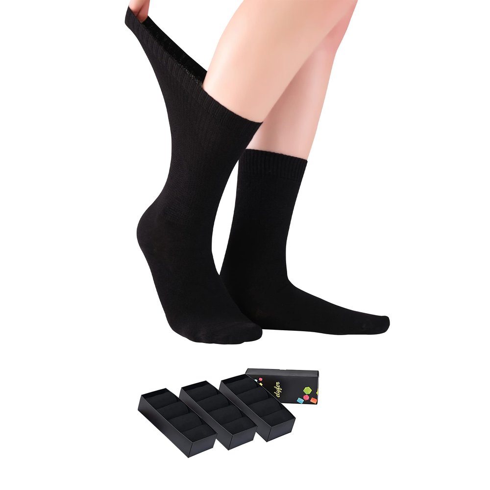 ELYFER Black Diabetic Crew Socks for Women (12 Pairs) Soft Thin Bamboo Rayon, Wide, Loose Fit, Seamless Toe, Non-Binding, Circulatory, Compression, Moisture-Wicking Cushion Dress Socks Size (9-12)