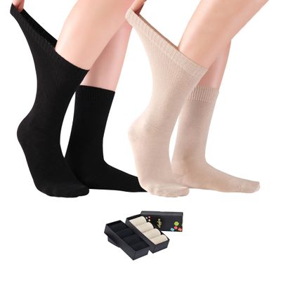ELYFER Black-Beige Diabetic Crew Socks for Women (8 Pairs) Soft Thin Bamboo Rayon, Wide, Loose Fit, Seamless Toe, Non-Binding, Circulatory, Compression, Moisture-Wicking Cushion Dress Socks Size 9-12