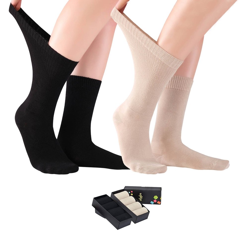 ELYFER Black-Beige Diabetic Crew Socks for Women (8 Pairs) Soft Thin Bamboo Rayon, Wide, Loose Fit, Seamless Toe, Non-Binding, Circulatory, Compression, Moisture-Wicking Cushion Dress Socks Size 9-12