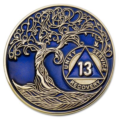 1 to 50 Year Twisted Tree of Life Sobriety Coin - Gold Plated AA Chips & Medallions - 13 Year Sobriety Coin - Translucent Blue