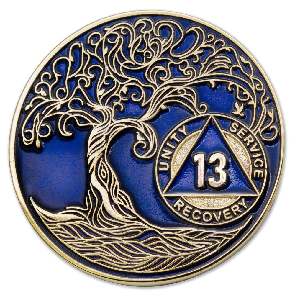 1 to 50 Year Twisted Tree of Life Sobriety Coin - Gold Plated AA Chips & Medallions - 13 Year Sobriety Coin - Translucent Blue