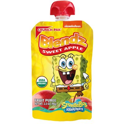 Crunch Pak Blendz Spongebob Squarepants USDA Organic Fruit Pure Pouch, Gluten Free, Vegan, No Added Sugar or GMOs, Healthy Snacks For Kids and Toddlers, Sweet Apple, 3.2 Oz, Pack of 18