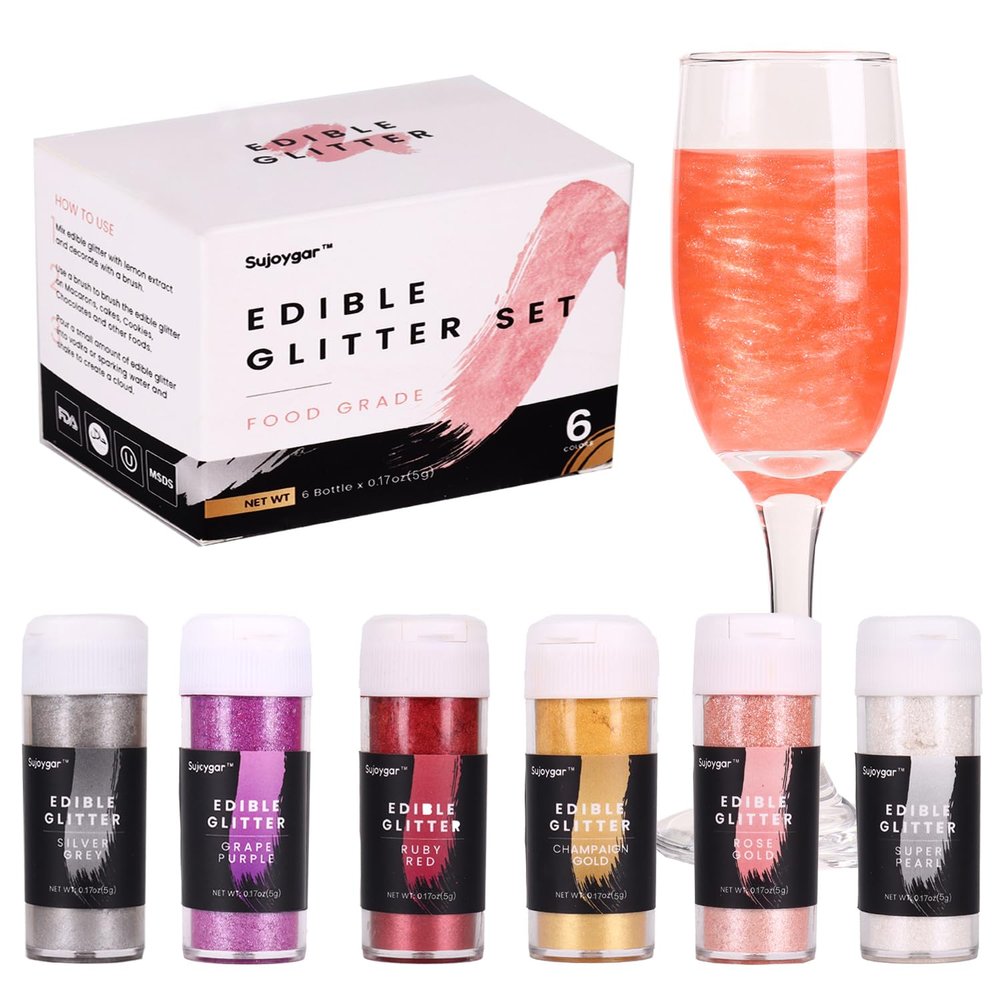 Edible Shimmer Glitter for Cocktails Cakes Drinks Chocolates Cupcakes - 6 Colors Set, Gold Luster Dust Edible, Drink Cocktail Glitter, Edible Cake Decoration for Vegan, 5g/BOT