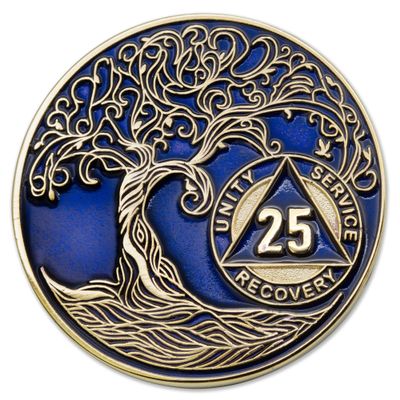 1 to 50 Year Twisted Tree of Life Sobriety Coin - Gold Plated AA Chips & Medallions - 25 Year Sobriety Coin - Translucent Blue