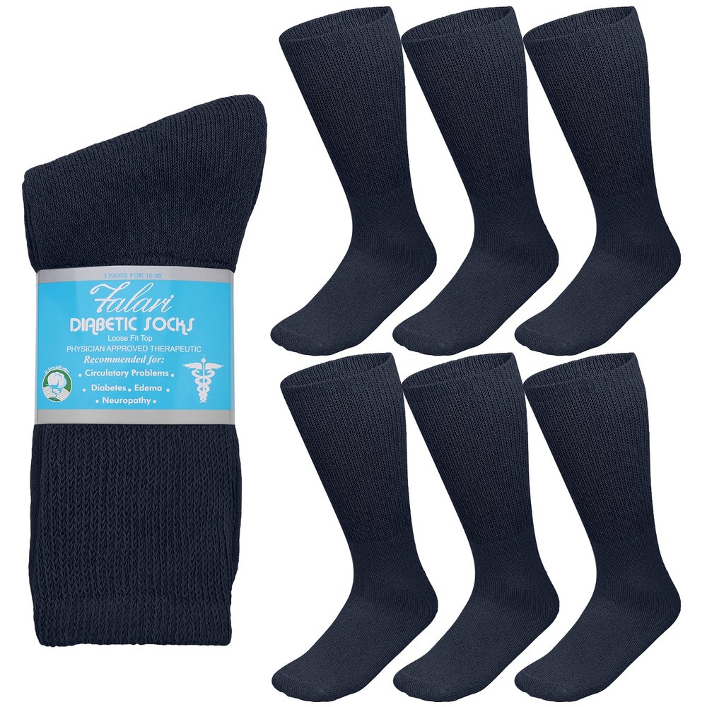 Falari 6-Pack Physicians Approved Diabetic Crew Socks Loose Fit Top Help Blood Circulation (13-15, Navy)