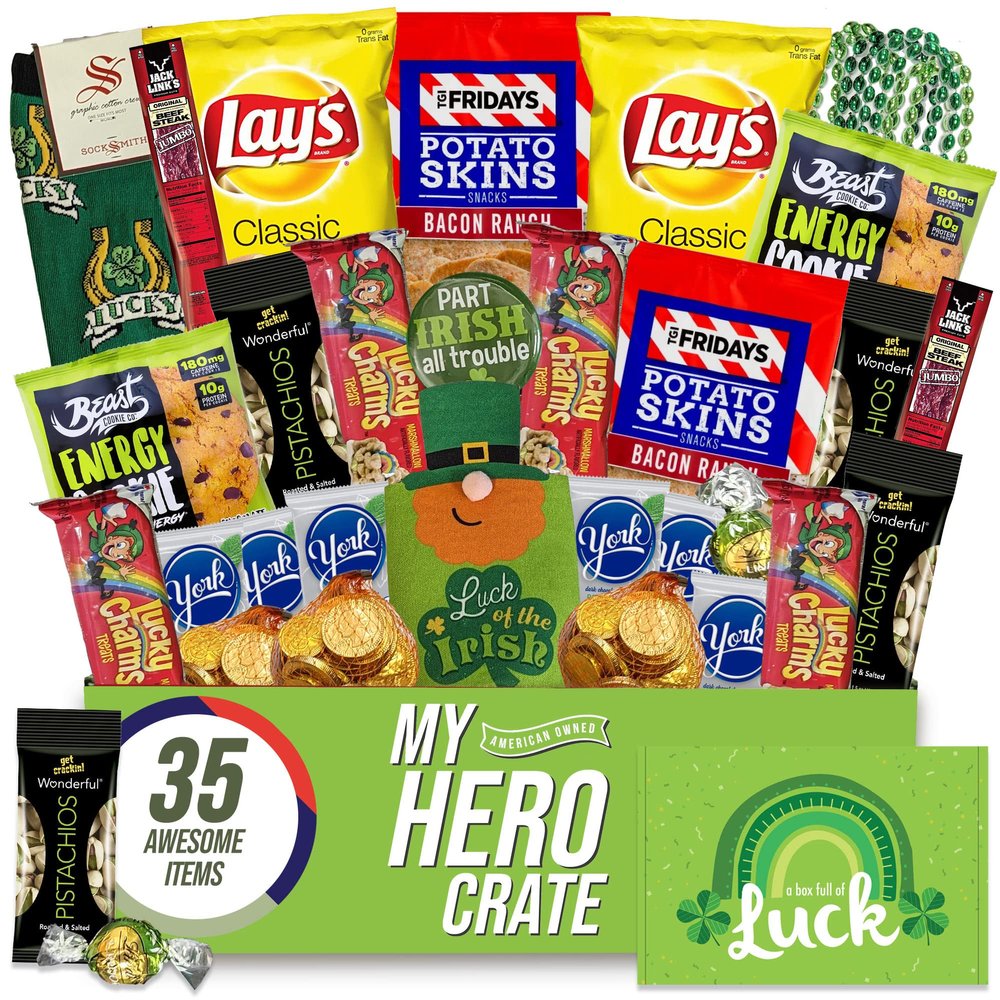 Military St. Patricks Day Snack Box & Gift Set (35 Piece Variety Gift Basket Care Package) Chips, Cookies, Chocolates, Candy, Granola Bars Jerky, Nuts & More - My Hero Crate
