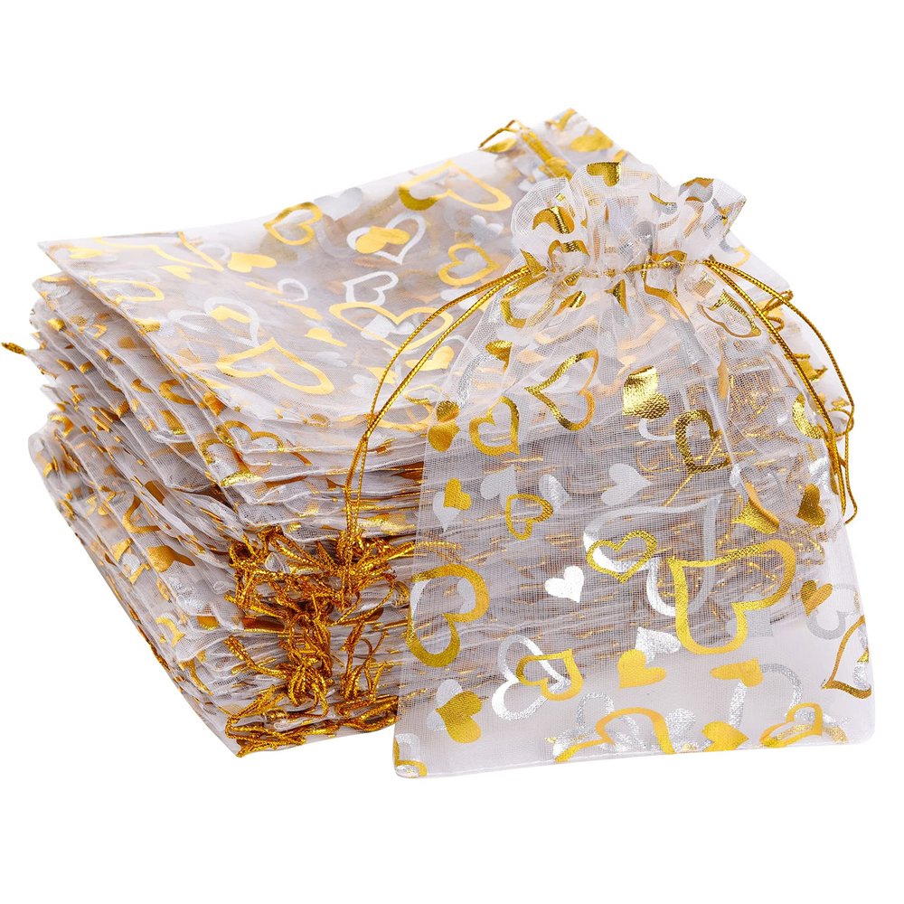 Bskifnn 100PCS Heart Printed Organza Bags Gift Jewelry Candy Bags for Wedding Valentine's Day Mother's Day Party Christmas 5x7Inch (White)
